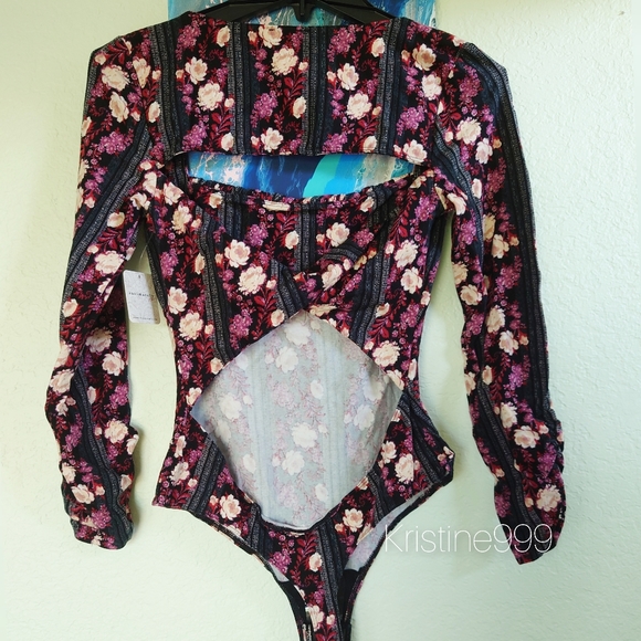 Free People Center Stage Open Back Printed Bodysuit in Black Purple Cream Floral - Picture 6 of 8